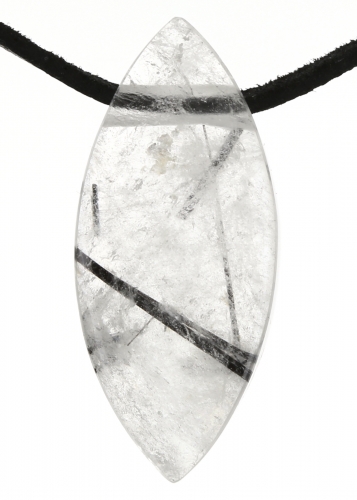 Edelstein Navette, mit Lederband, Edelsteinsorte Turmalinquarz, ca. 40 x 17 x 11 mm groß …