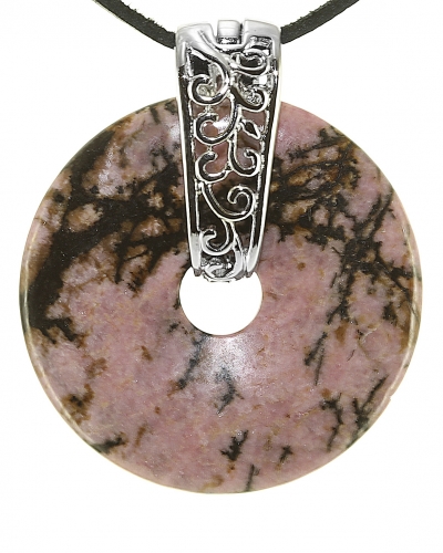 Rhodonit Edelstein Donut Kette 40 mm, mit verziertem Schmuckhalter und Lederband