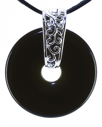 Onyx Edelstein Donut Kette 40 mm, mit verziertem Schmuckhalter und Lederband