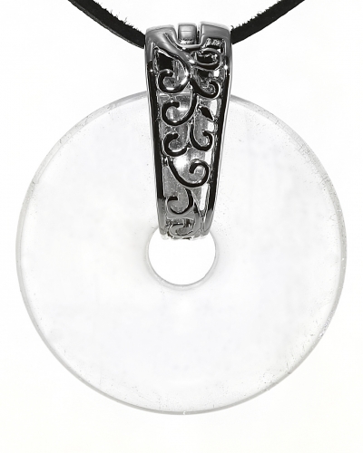 Bergkristall Edelstein Donut Kette 40 mm, mit verziertem Schmuckhalter und Lederband