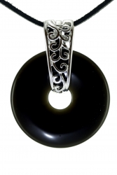 Onyx Edelstein Donut Kette 35 mm, mit verziertem Schmuckhalter und Lederband