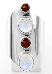 Extravaganter Granat, Mondstein / weißer Labradorit Ring, 925er Silber, Design, Handarbeit, Ringgröße 57, inkl. Schmuckverpackung